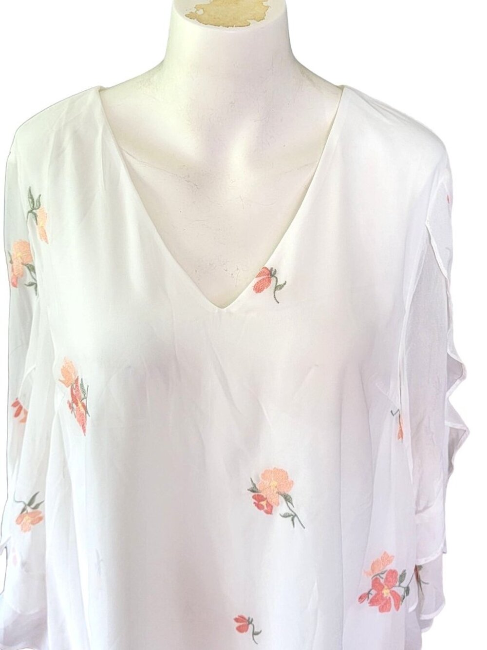 Loveriche Womens Mini Shift Dress LG White Pink Embroidered Floral Sheer Sleeve - Picture 8 of 13